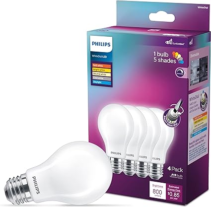 PHILIPS LED White Dial Flicker-Free Frosted A19, Warm to Cool White Light, Dimmable, Eye Comfort Technology, 800 Lumen, 7W=60W, Title 20 Certified, E26 Base, 4PK