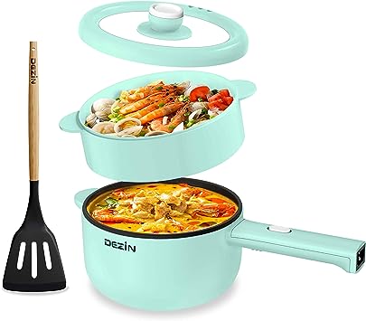 Dezin Hot Pot Electric with Steamer Upgraded, Non-Stick Sauté Pan, Rapid Noodles Electric Pot, 2L Mini Portable Hot Pot for Steak, Egg, Ramen, Oatmeal, Soup with Power Adjustment (Egg Rack Included)