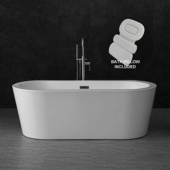 Woodbridge B-0002 67" Acrylic Freestanding Bathtub Contemporary Soaking Tub with Brushed Nickel Overflow and Drain BTA1504-B,with Spa Bath Pillow