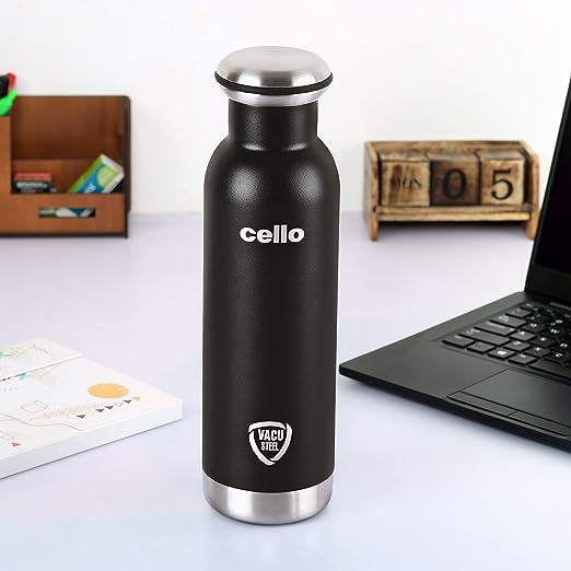 Cello Duro Tuff Steel Series Mac Flask | Hot and Cold Stainless Steel Water Bottle | Durable DTP Coating |Vacuum Insulated Bottle for Travel, Home, Office, School | 600 ml, Black