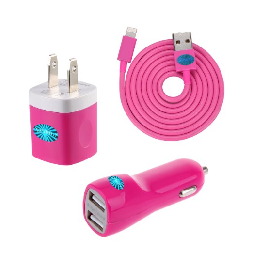 3 in 1 Heavy Duty 1M Cable, Wall & Dual Port Car Charger for iPhone 6s/6s Plus (Hot Pink)
