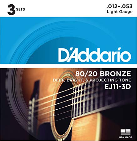 D'Addario EJ11-3D 80/20 Bronze Acoustic Guitar Strings, 12-53, 3 Sets, Light