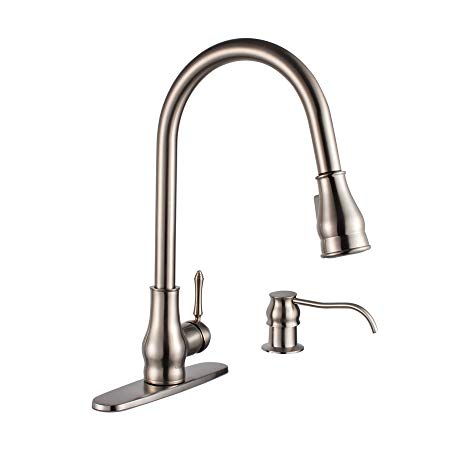 MAYKKE Brixton Single-Handle Pull-Down Sprayer Kitchen Sink Faucet with Soap Dispenser Single Hole Lever, Made of Solid Brass cUPC certified, Brushed Nickel, HJA1020102
