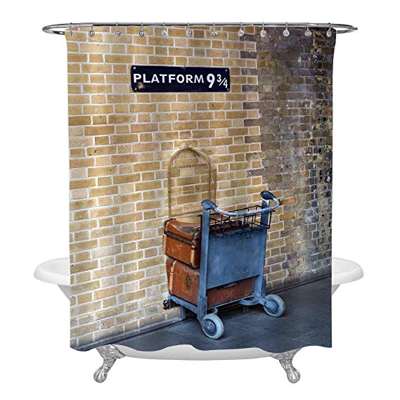 MitoVilla Platform 9 3/4 Bathroom Decor for Vintage Party Decorations, Classic Scene in Harry Potter Film Landmark Shower Curtain Set with Hooks, Funny Gifts, No Liner Needed, 72 W by 72 L, Brown
