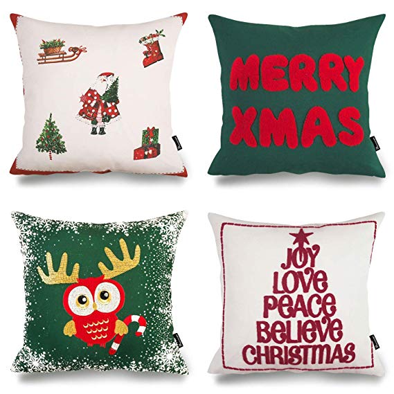 Phantoscope Set of 4 Merry Christmas Embroidery Letters Print Owl and Gifts Throw Pillow Covers 18" x 18" 45 x 45cm