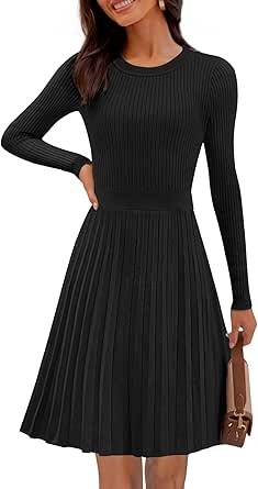 MEROKEETY Women's 2024 Long Sleeve Mini Sweater Dress Crewneck Ribbed Knit A Line Pleated Swing Short Dresses