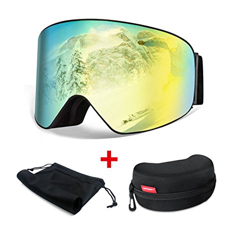 Skiing Goggles, HAMSWAN Anti-Fog Double Lens UV400 Protection Detachable OTG Goggles for Skiing/Climbing/Snowmobiles (Gold-Plating)