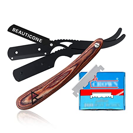 BEAUTICONE Straight Razor for Men, Professional Brown Wooden Razor with Black Blade Barber Razor with 100 Single Edge Blades, Straight Edge Single Blade Razors