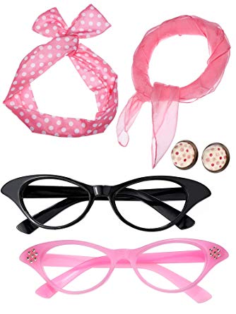 Satinior Women 50's Costume Accessories Set Girl Scarf Headband Earrings Cat Eye Glasses for Party