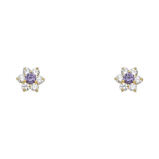 14k Yellow Gold Flower Stud Earrings with Screw Back - 12 Different Color Available