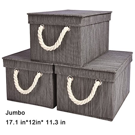 Storage Bin with Lid, Foldable Basket Organizer With Strong Cotton Rope Handle By StorageWorks, Gray, Bamboo Style, Jumbo 17.1"x12.0"x11.3", 3-Pack