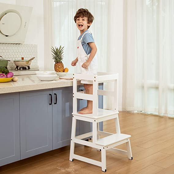 Mangohood Kitchen Helper Step Stool for Kids and Toddlers with Safety Rail Children Standing Tower for Kitchen Counter, Mothers' Helper Kids Learning Stool, Solid Wood Construction (White)