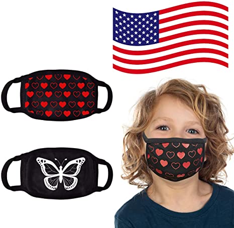 Kids Face Mask Reusable Washable Comfortable - Made in USA - Polyester, Spandex, Cotton Stretchy Material Fits Age 2-9 - 2 Pack