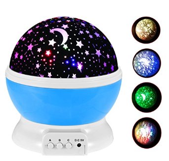Anpress Novelty 360 Rotating Round Night Light Projector Lamp Star Moon Sky Projector 3 Model Light USB Battery Powered Romantic Home Decoration Lamp Great Gift for Christmas Children Blue