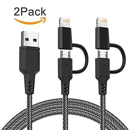 2 in 1 Lightning and Micro USB Cable Ulinek Multi USB Charger Cable 2 Pack 1.5m iPhone Cable Nylon Braided Multiple Sync and Charge Cord for Phones, iPads, Samsung Galaxy, Nexus, HTC, Nokia and More - Black