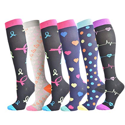 6 Pairs Graduated Compression Socks (15-20mmHg) for Women and Men - Great for Medical, Circulation,& Recovery,Nursing, Travel & Flight Socks - Running & Fitness