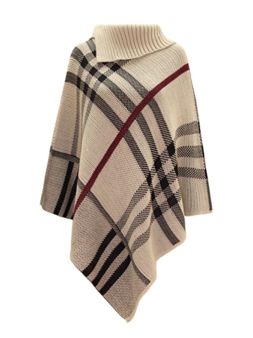 Chaos Theory Women's Checked Knitted Winter Poncho Red Band Wrap Shawl Cape Stone One Size