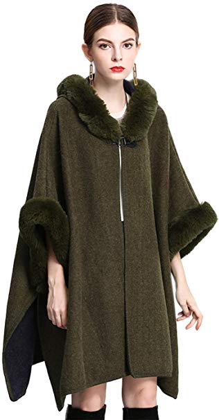 Shineflow Women's Trim Hood Poncho Faux Rabbit Fur Cape Wrap Shawl Woolen Coat