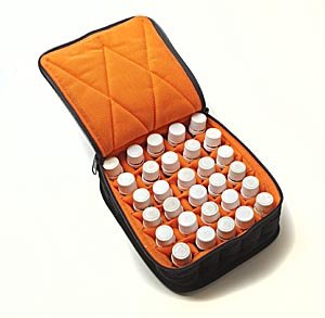 30-Bottle Essential Oil Carrying Cases hold 5ml, 10ml and 15ml bottles - Black with Dusk Orange interior - 3" high