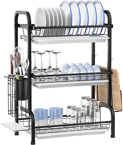 Dish Drying Rack, Ace Teah 3 Tier Dish Drainer, Stainless Steel Dish Rack with Drain Boards and Utensil Holder for Kitchen Counter, Black