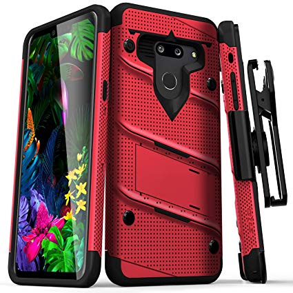 ZIZO Bolt Heavy-Duty LG G8 ThinQ Case | Military-Grade Drop Protection w/Kickstand Bundle Includes Belt Clip Holster   Lanyard Red Black