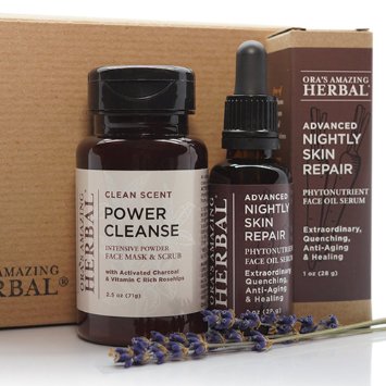 Natural Face Skincare Gift Set Full Size Power Cleanse Face Mask Scrub and Exfoliant Cleanser with Activated Charcoal Clean Scent and Advanced Nightly Skin Repair Face Moisturizer Serum Oil