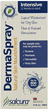 Eczema & Psoriasis Natural Skin Therapy Spray.   Everyday source of moisture and vital nutrients – quickly and deeply absorbed to aide the skin’s own healing process.  Salcura 3.4 oz Derma Spray Intensive includes Sea Buckthorn, Tea Tree, Aloe Vera, and More.  For those prone to Eczema, Psoriasis, Dermatitis, and dry/itchy skin.