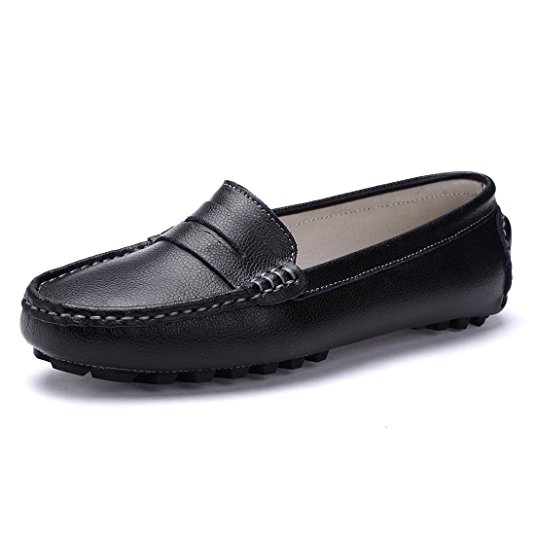 SUNROLAN Casual Women's Genuine Leather Penny Loafers Driving Moccasins Slip-On Boat Flats Shoes