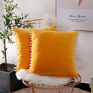 Lihio Throw Pillows Covers Cushion Covers Velvet Solid Color Ball Soft Sofa Chair Home Decorative Set of 2,18x18 Inch Ywllow