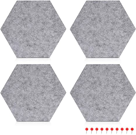 Navaris Felt Memo Board - 4X Pieces Decorative Hexagon Notice Boards with Push Pins and Tape 7.9 x 6.7 x 0.6 inches (20 x 17 cm) - Light Grey