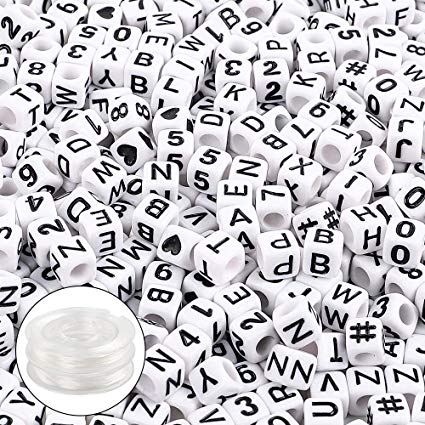 Quefe 1200 Pieces Letter Beads Acrylic Alphabet and Number Cube Beads with 2 Rolls Elastic Crystal String Cord for Jewelry Making, DIY Bracelets, Necklaces and Key Chains