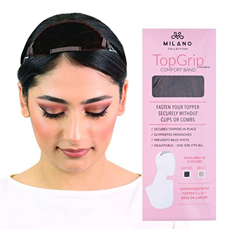 MILANO COLLECTION TopGrip No-Slip Comfort Band to Secure Small Toppers & Wiglets, Eliminates Clips (PATENTED) Size Small, Brown