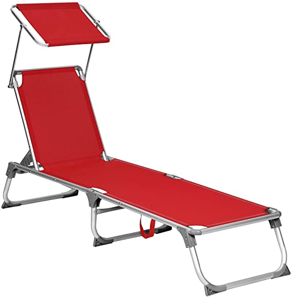 SONGMICS Sun Lounger, Sunbed, Reclining Sun Chair with Sunshade, Adjustable Backrest, Foldable, Lightweight, 55 x 193 x 31 cm, Load Capacity 150 kg, for Garden, Patio, Red GCB19RD