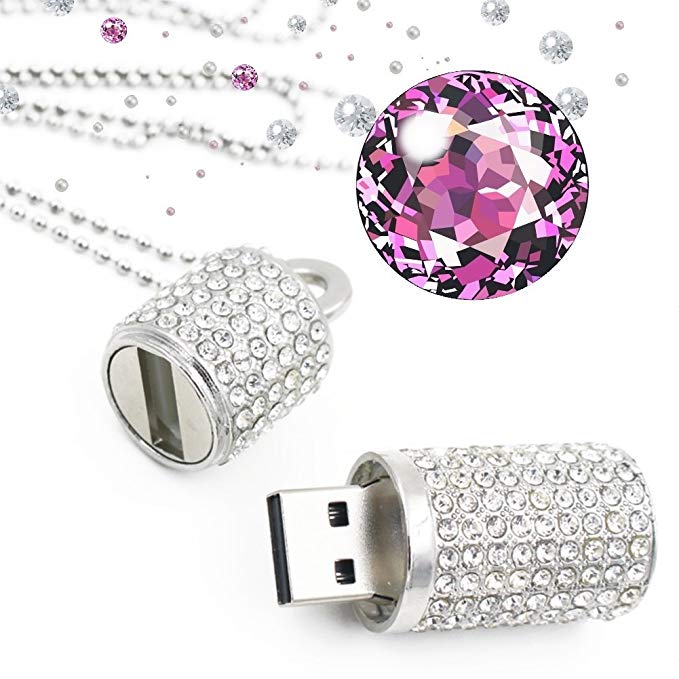 WooTeck USB Flash Drive,Bling Rhinestone Diamond Crystal Glitter Lipstick Case Shining Jewelry Necklace,32GB,Pure Silver
