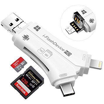 USB C SD Card Reader,AQQEF 4 in 1 Support SD/Micro SD Card Reader with Lightning/Micro USB&OTG/USB 2.0/USB SD Card Reader for iPhone/iPad/iPod Touch/Macbook/PC/OTG Android(Compatibility with IOS11)