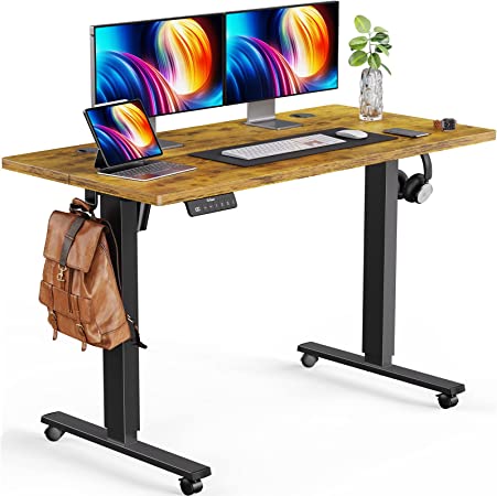 ErGear Electric Standing Desk, Height Adjustable Sit Stand up Desk with Wheels, Memory Computer Workstation Table with Splice Board for Home Office, 55 x 24 Inches, Vintage Brown