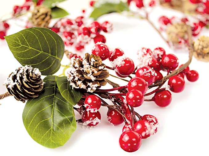 Winter Greenery Garland Red Berries Holiday Christmas Decoration Pine Cones, Evergreen Holly Leaves – Unlit Berry Garlands Xmas Decor, Kitchen, Bar, Fireplace/Indoor/Outdoor Snow 6 Ft Long (6ft)