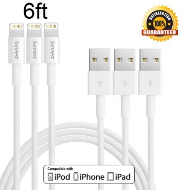 Sunnest 3Pack 6FT Extra Long 8-Pin Lightning to USB Data Cable Sync and Charging Cord Wire for iPhone 6s plus, 6s, 6 plus, 6, 5s, 5c, 5, iPad Air, iPad Mini, iPod Touch - White