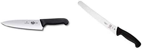 Victorinox - 45520 Fibrox Pro Chef's Knife, 8-Inch Chef's FFP & Mercer Culinary Millennia Wide Wavy Edge Bread Knife, 10-Inch, Black