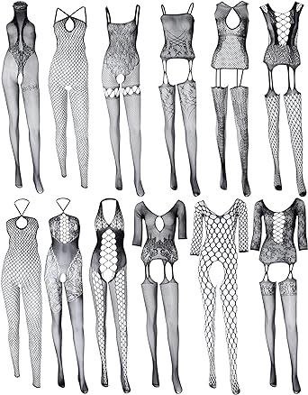 SATINIOR 12 Pieces Women's Fishnet Lingerie Mesh Bodysuit Lace Smock Lingerie for Women