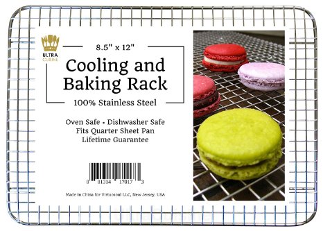 100% Stainless Steel Wire Cooling Rack fits Quarter Sheet Size Baking Pan, Heavy Duty, Commercial Quality, Oven-Safe (8.5" x 12")