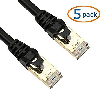 iCreatin 5-Pack Unlimited CAT 7 Double Shielded 10 Gigabit 600MHz Ethernet Patch Cable, Gold Plated Plug STP Wires CAT7 for High Speed Computer Router Ethernet LAN Networking -3 Feet Black