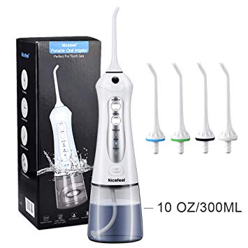 Cordless Water Flosser Teeth Cleaner, Nicefeel 300ML USB Rechargable 3-Mode Portable Oral Irrigator for Travel, IPX7 Waterproof Dental Water Flosser with 4 Jet Tips for Family