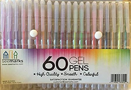 SeeMarks 60 Gel Pen Set Multi-Color kit Glitter, neon, Highlight, Pastel and Metallic Colors for Precise Coloring Artwork in Luxuriously Smooth Premium Ink. Non-Toxic and Acid Free
