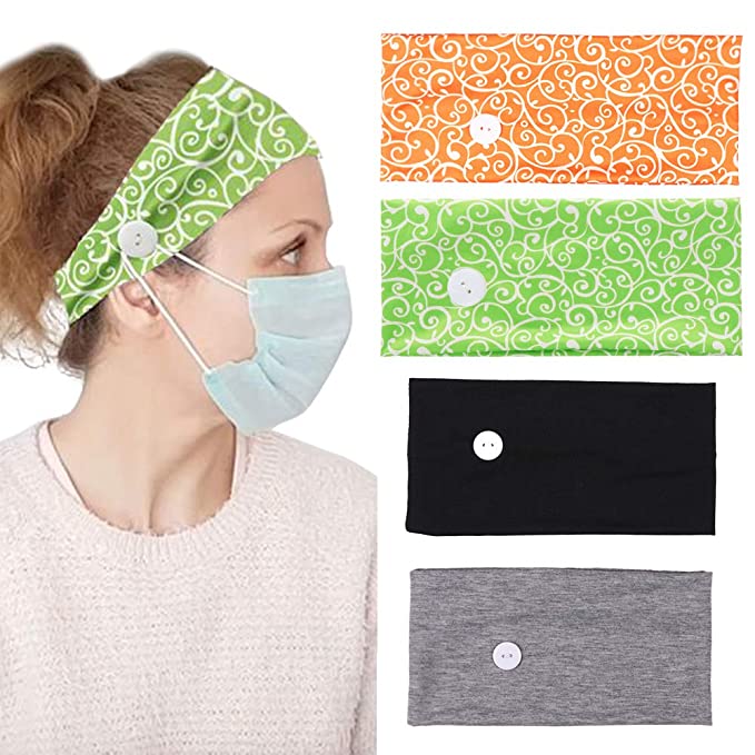 fani 4Pcs Button Headband for Mask Non Slip Nurse Doctors Headbands Holder Ears Protection for Men Women, Multifunctional Elastic Headwraps Hair Band for Face Cover, Yoga (Black, Gray, Green, Orange)