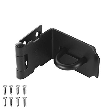 JQK Door Hasp Latch 90 Degree, Stainless Steel Safety Angle Locking Latch for Push/Sliding/Barn Door, 1.5mm Thickness Matte Black, 4 Inch, DH901-PB