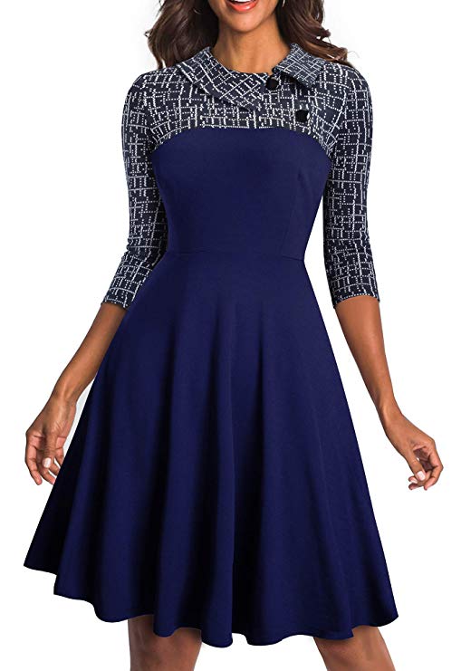 HOMEYEE Women's Lapel 3/4 Sleeve Church Aline Colorblock Work Dress A121