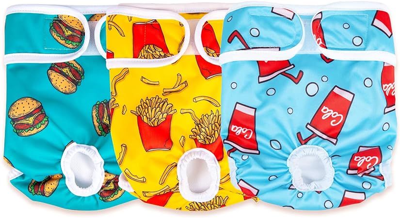 Joyshare Reusable Dog Diapers Female 3 Pack - Washable Female Diapers, Highly Absorbent Pet Diapers, Cartoon Female Doggie Diapers, Size Adjustable Durable Diapers for Girl Dogs Cats in Period Heat