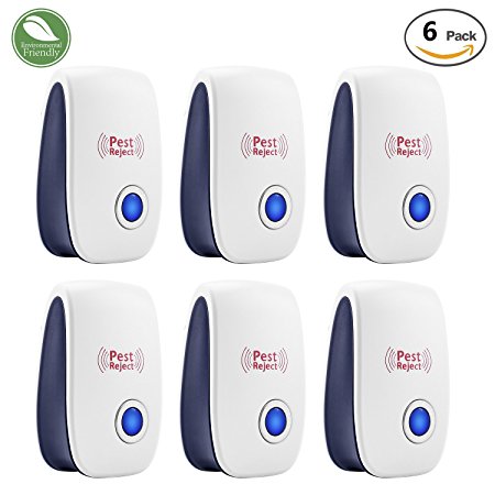 Pest Control Ultrasonic Repellent - Set of 6 Electronic Plug-in Repeller for Insects & Rodents with Night Light- Repellent for Mosquitoes, Cockroaches, Ants, Rodents, Flies, Bugs, Spiders, Mice