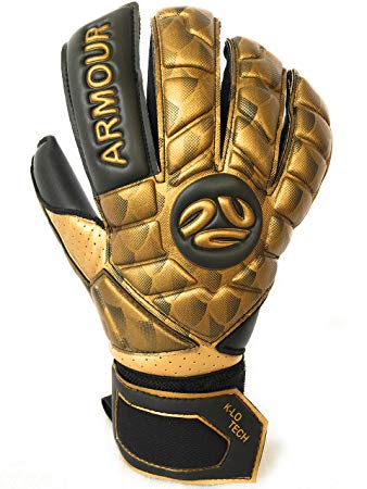 FINGERSAVE Goalkeeper Gloves by K-LO - The Armour Pro Goalie Glove Has Fingersave Protection in All 5-Fingers to Prevent Injury & Improve Shot Blocking. Super Sticky Palms. Youth & Adult Sizes Gold